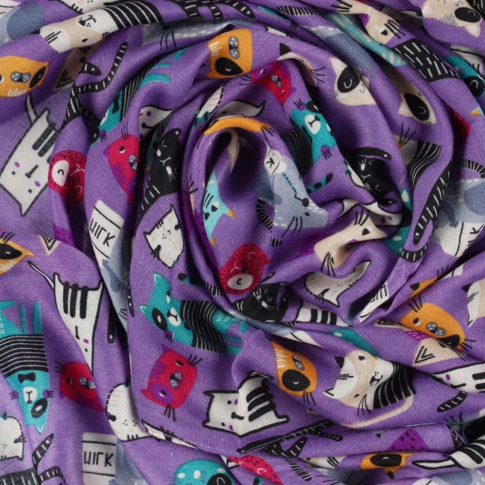 Fular morado para los hombros con estampado de gatos – Nikko