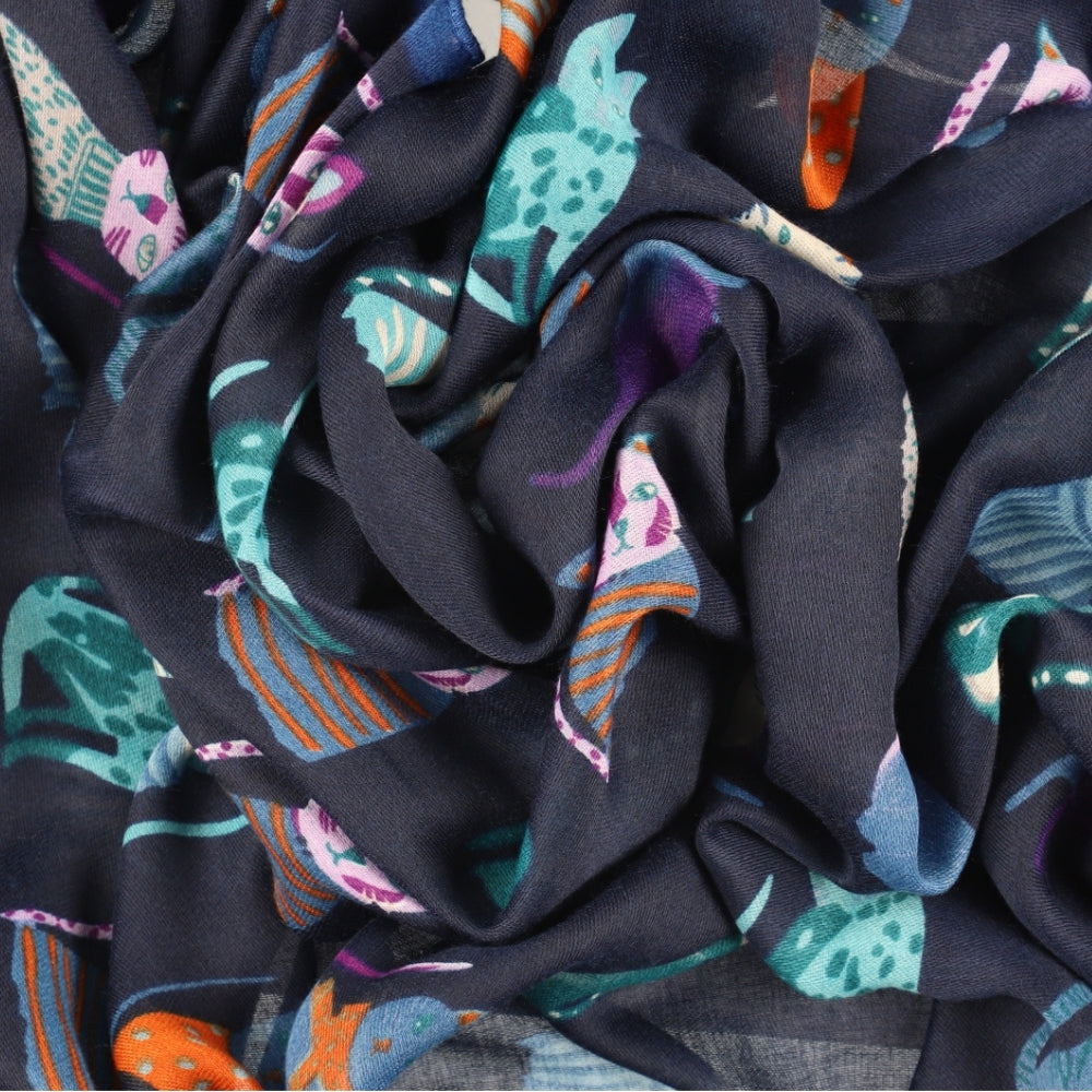 Fular largo y suave azul con estampado de gatos – Nikko