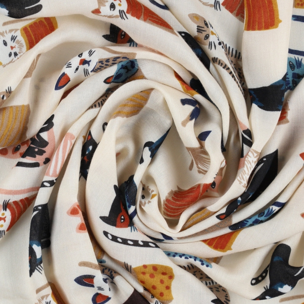Fular suave beige con estampado de gatos – Nikko