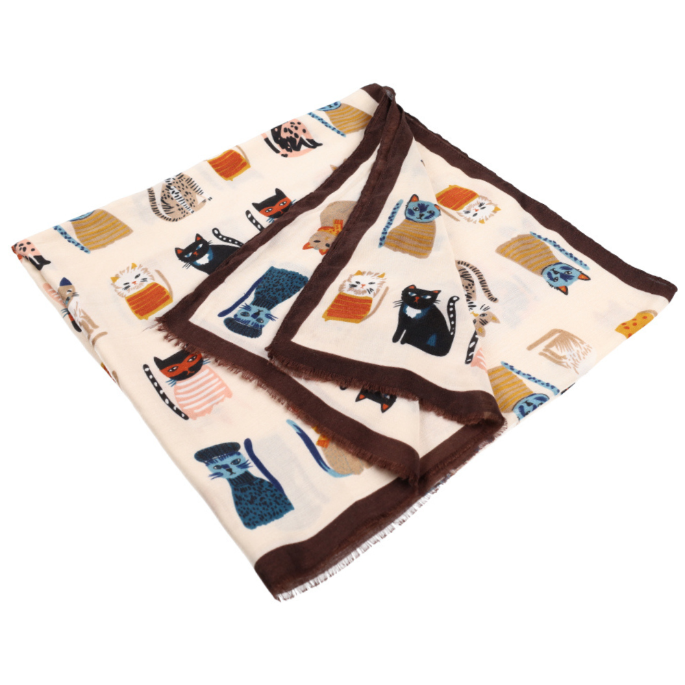 Fular suave beige con estampado de gatos – Nikko