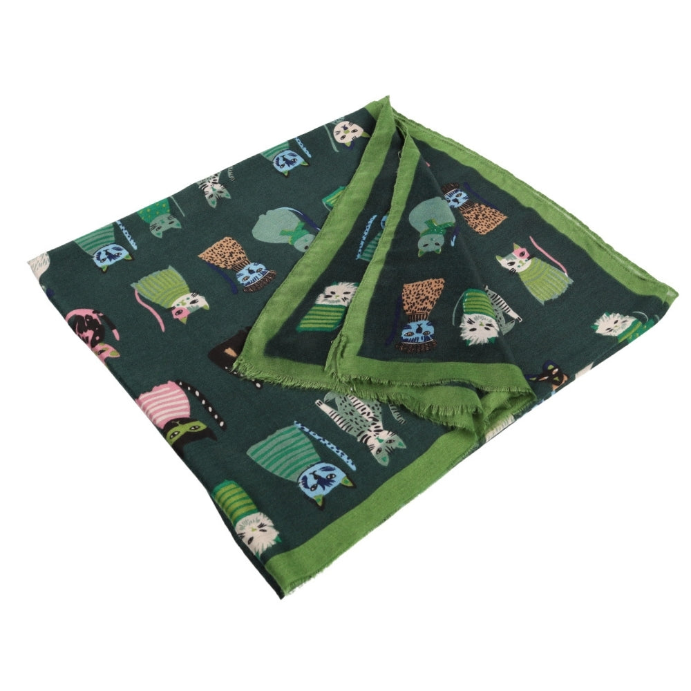 Fular fino verde para el cuello con estampado de gatos – Nikko