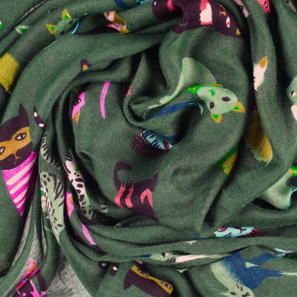 Fular fino verde para el cuello con estampado de gatos – Nikko