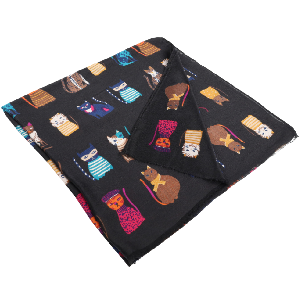 Fular suave negro para mujer con estampado de gatos – Nikko