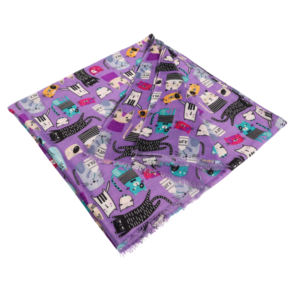Fular morado para los hombros con estampado de gatos – Nikko