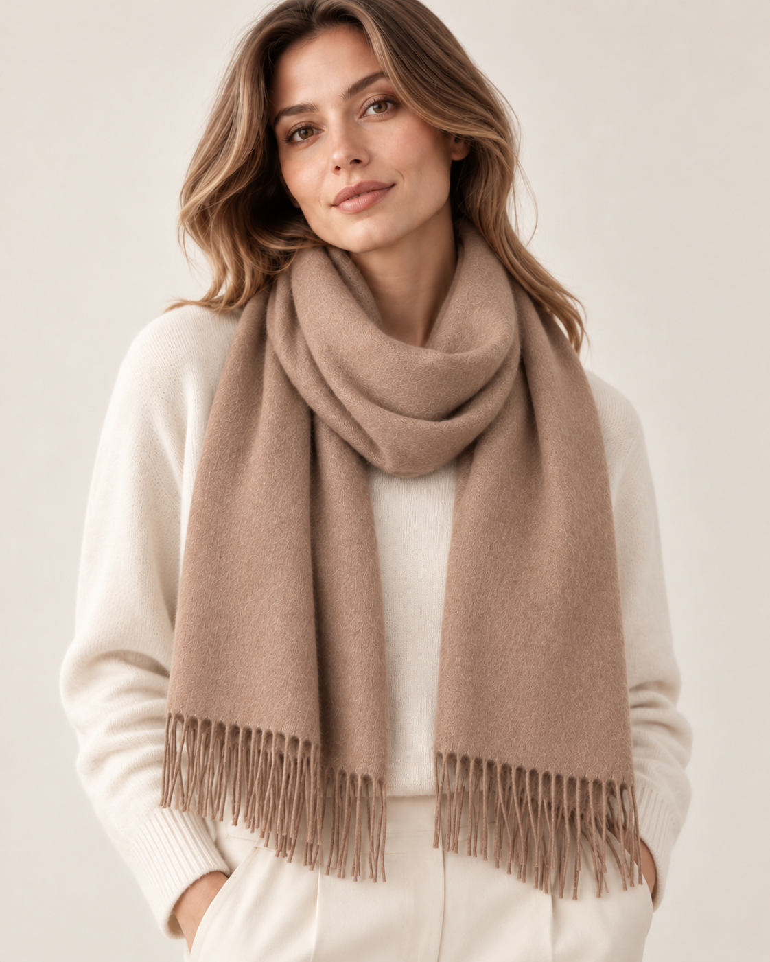 Bufanda lisa beige de cachemira para mujer París (5)